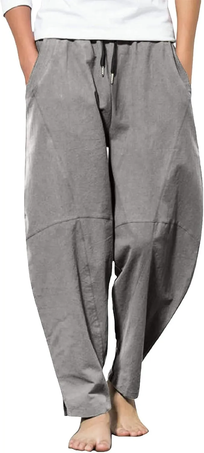 Mens Linen Pants with Pockets Casual Lightweight Breathable Summer Pant Straight Leg Drawstring Holiday Daily Sweetpants