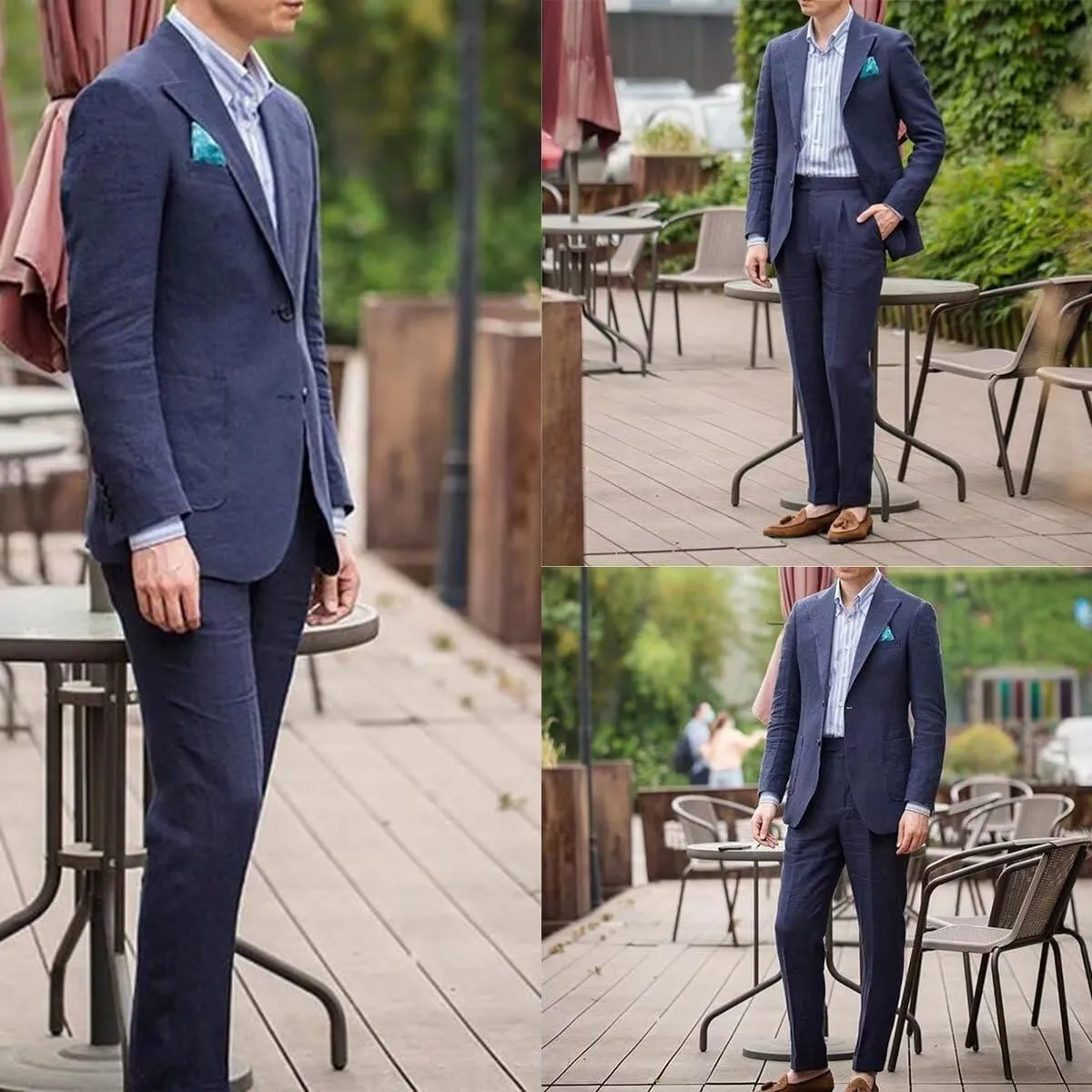 Mens Linen Suits 2 Piece Beach Wedding Blazer Summer Grooms Classic Lightweight Breathable Jacket Pants