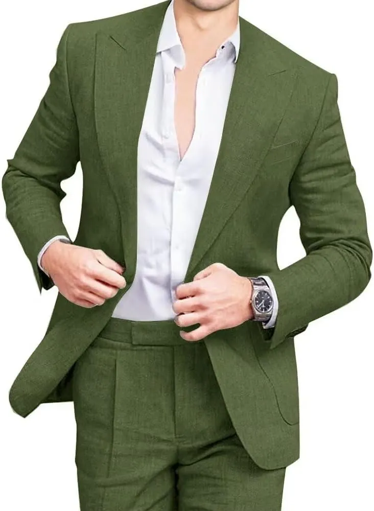 Mens Linen Suits 2 Piece Beach Wedding Blazer Summer Grooms Classic Lightweight Breathable Jacket Pants