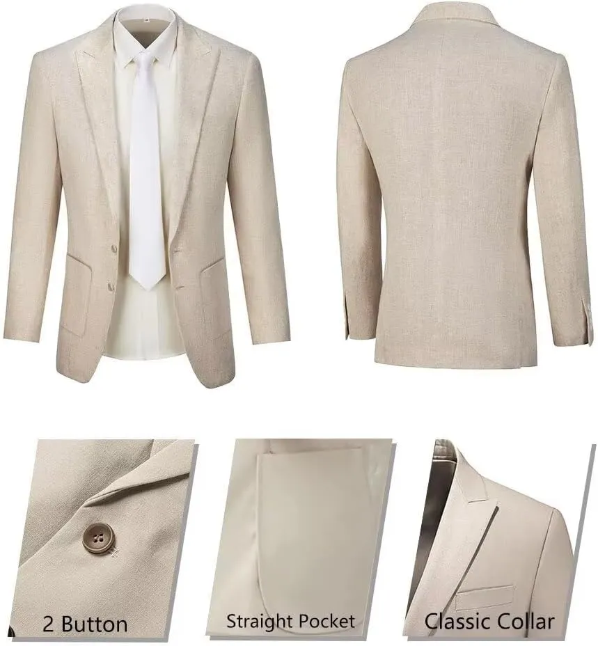Mens Linen Suits 2 Piece Beach Wedding Blazer Summer Grooms Classic Lightweight Breathable Jacket Pants