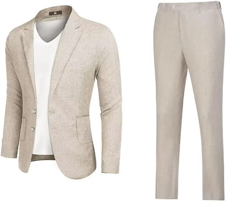 Mens Linen Suits 2 Piece Beach Wedding Blazer Summer Grooms Classic Lightweight Breathable Jacket Pants