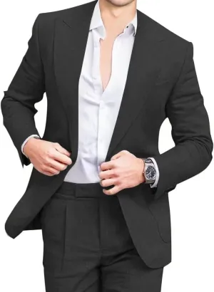 Mens Linen Suits 2 Piece Beach Wedding Blazer Summer Grooms Classic Lightweight Breathable Jacket Pants