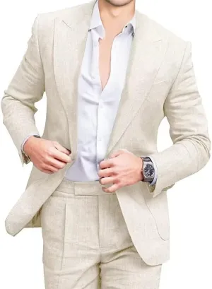 Mens Linen Suits 2 Piece Beach Wedding Blazer Summer Grooms Classic Lightweight Breathable Jacket Pants