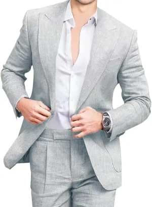 Mens Linen Suits 2 Piece Beach Wedding Blazer Summer Grooms Classic Lightweight Breathable Jacket Pants