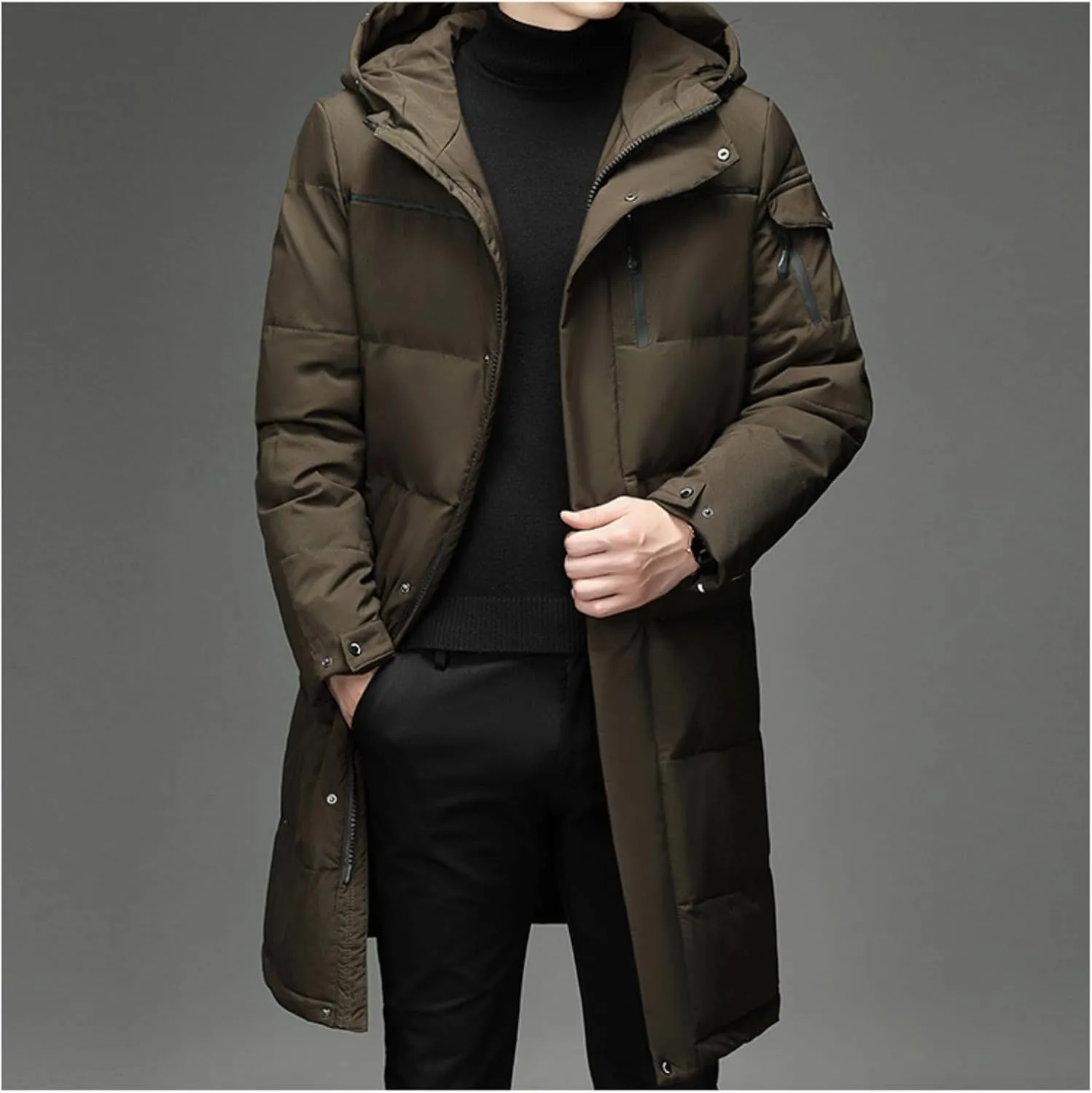 Men's Long Down Jacket with Hood Thickened Warm Cotton-Padded Winter Coat with Pockets Loose Version