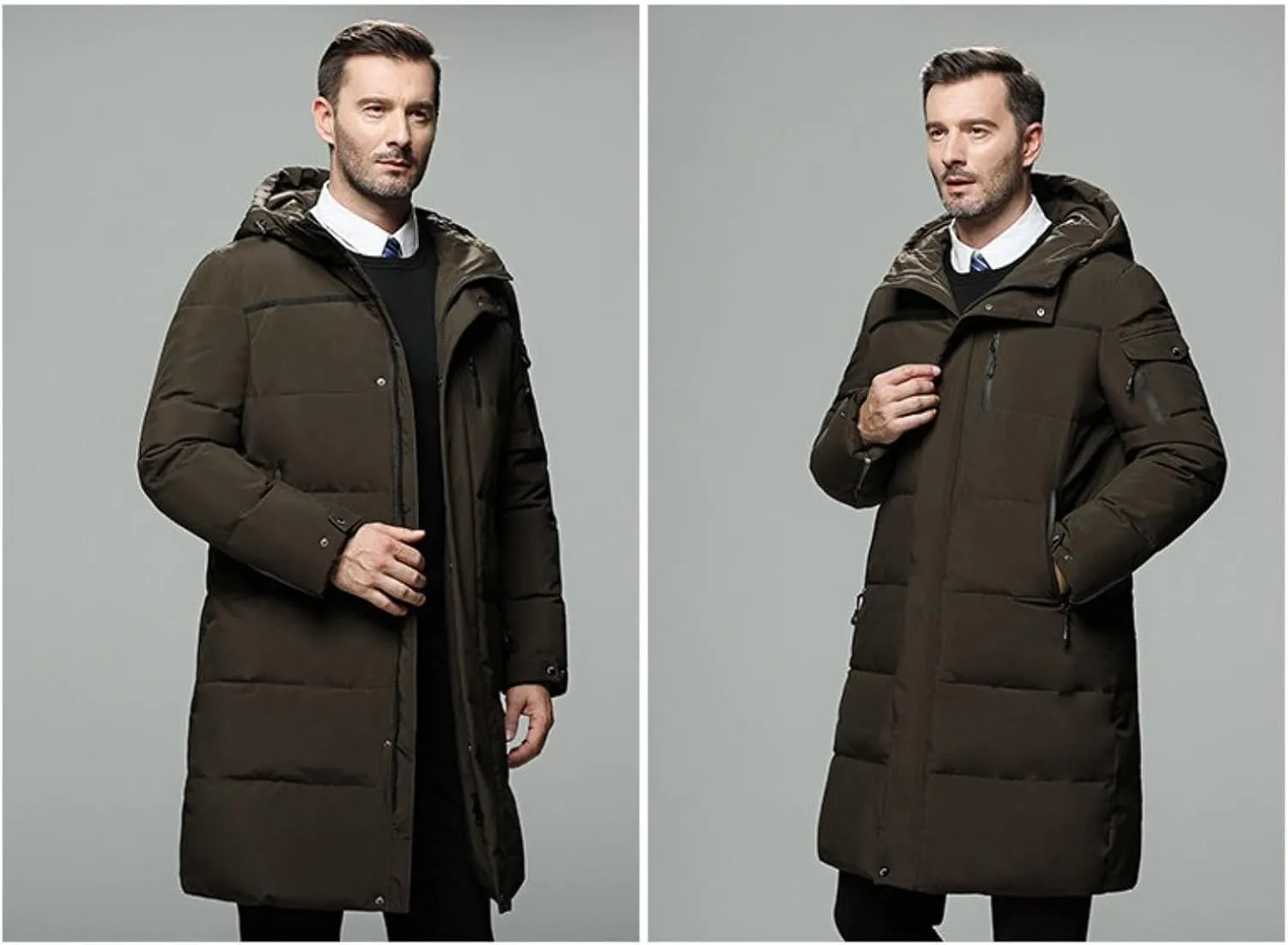 Men's Long Down Jacket with Hood Thickened Warm Cotton-Padded Winter Coat with Pockets Loose Version