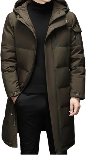 Men's Long Down Jacket with Hood Thickened Warm Cotton-Padded Winter Coat with Pockets Loose Version