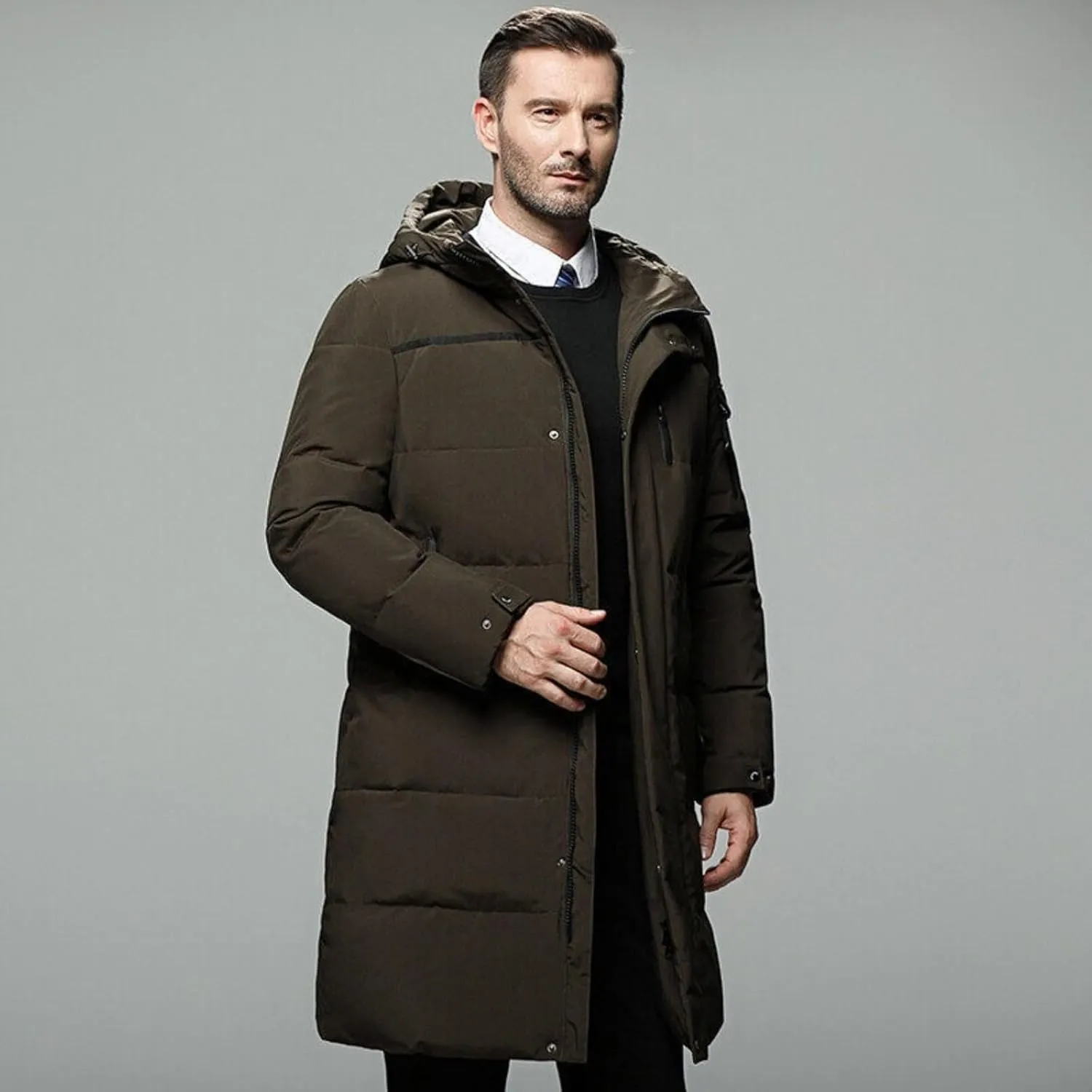 Men's Long Down Jacket with Hood Thickened Warm Cotton-Padded Winter Coat with Pockets Loose Version