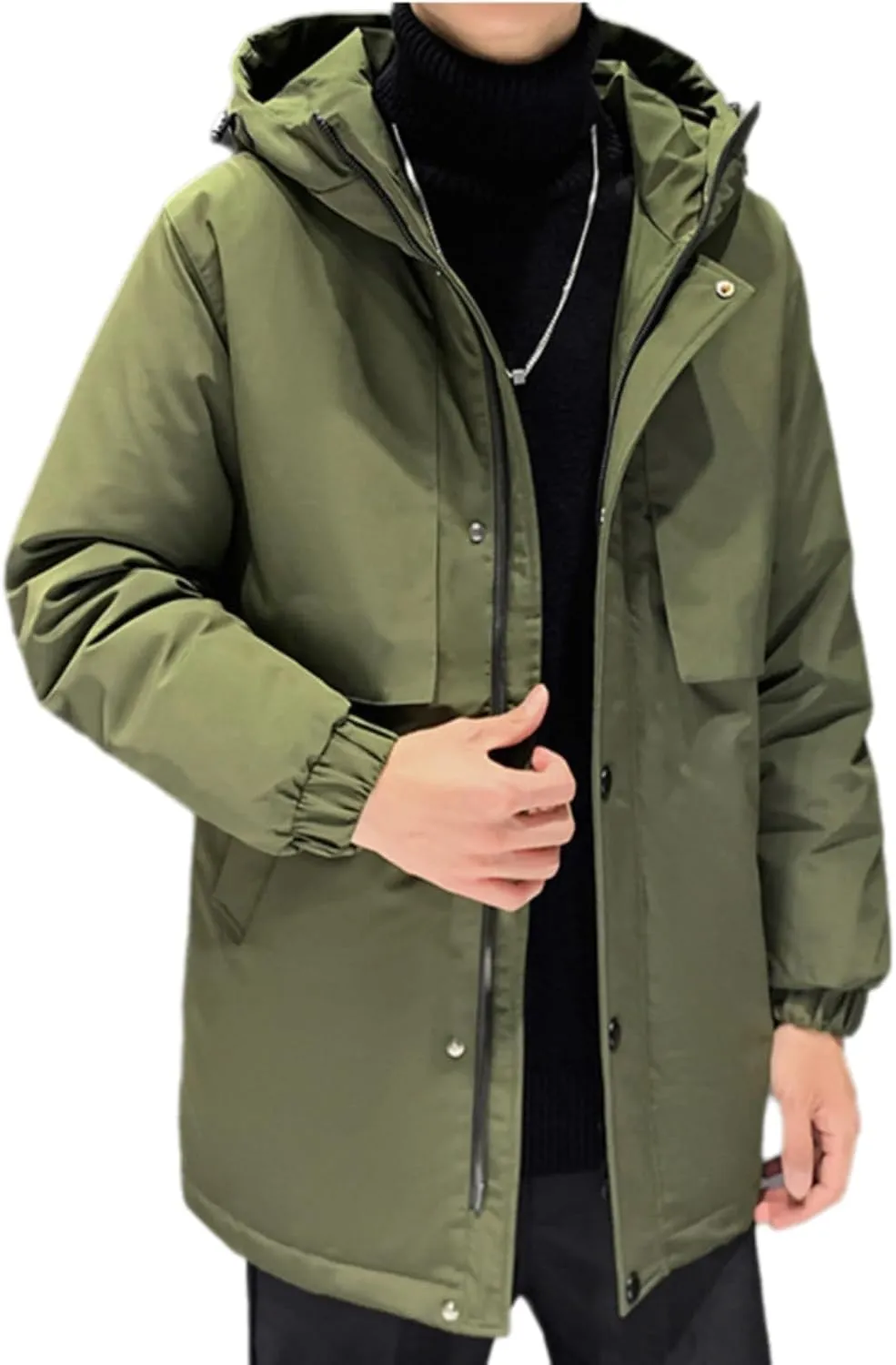 Men's Long Down Jacket with Hood Thickened Warm Cotton-Padded Winter Coat with Pockets Loose Version