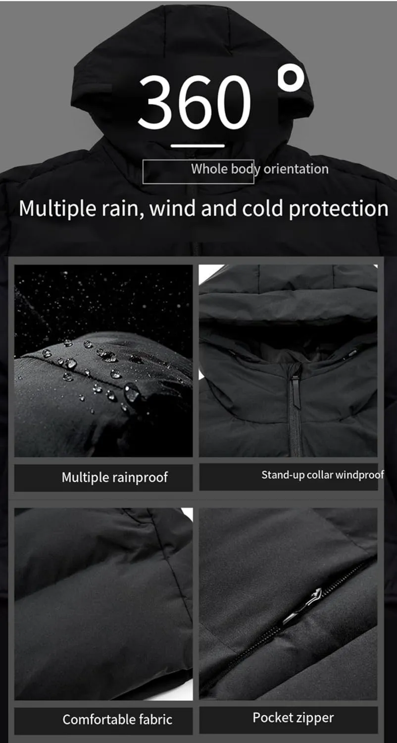 Men's Long Down Jacket with Hood Thickened Warm Cotton-Padded Winter Coat with Pockets Loose Version