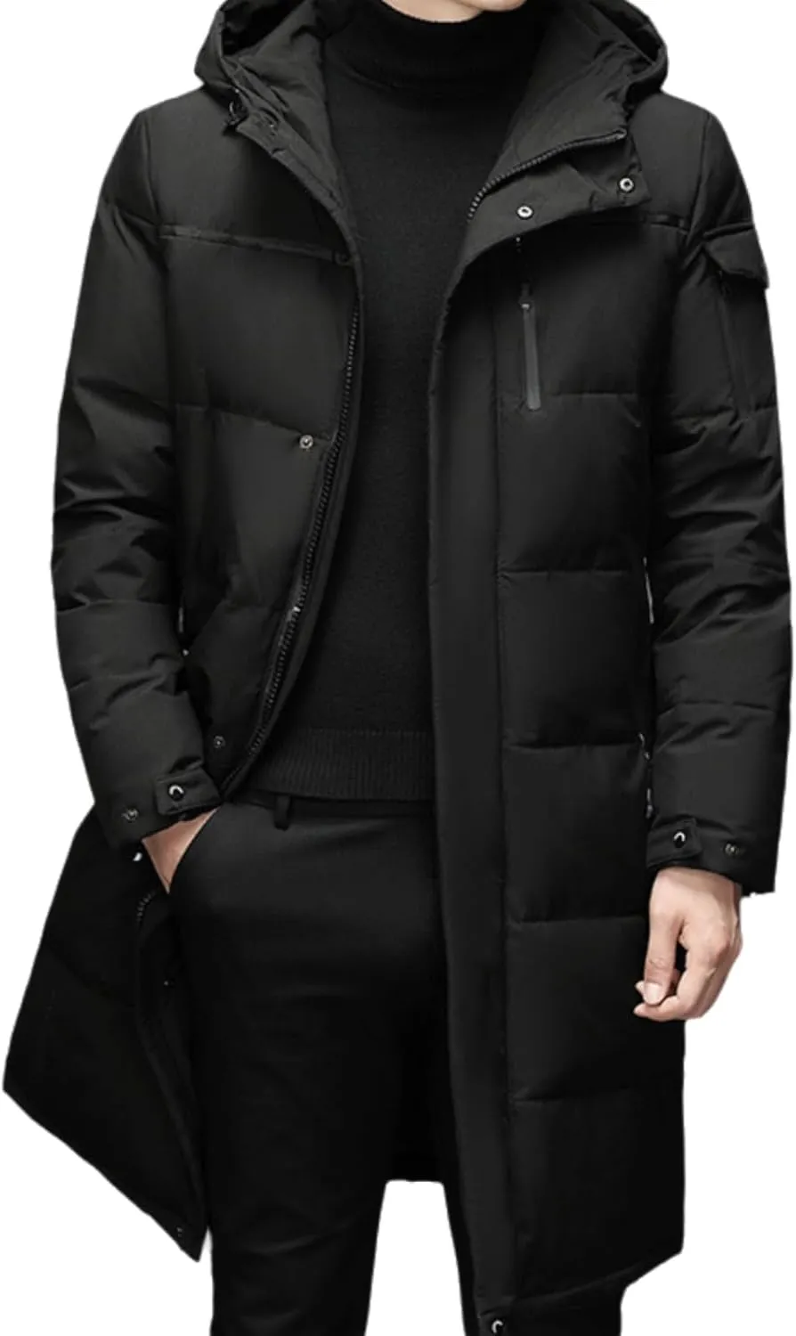 Men's Long Down Jacket with Hood Thickened Warm Cotton-Padded Winter Coat with Pockets Loose Version