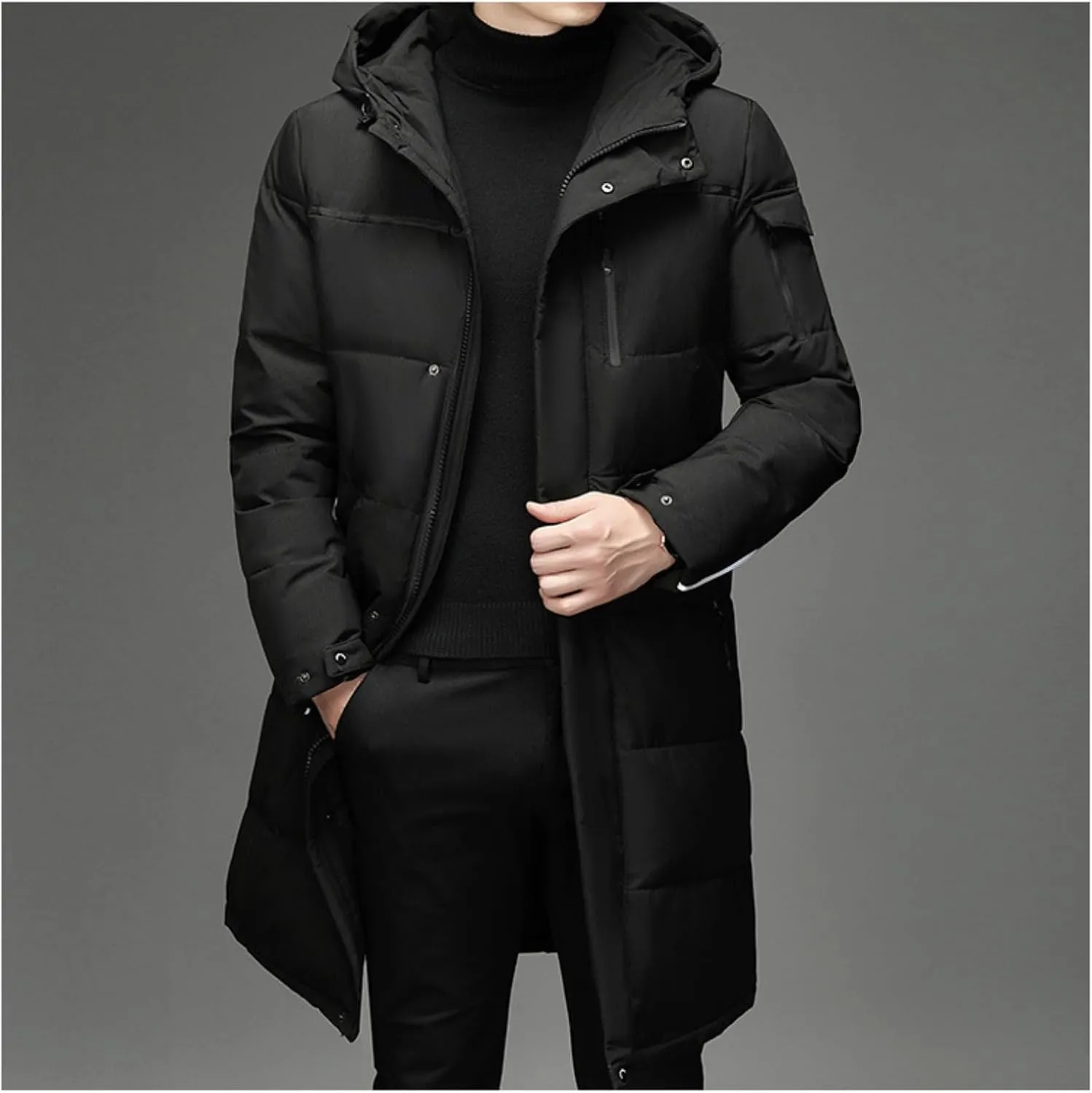 Men's Long Down Jacket with Hood Thickened Warm Cotton-Padded Winter Coat with Pockets Loose Version