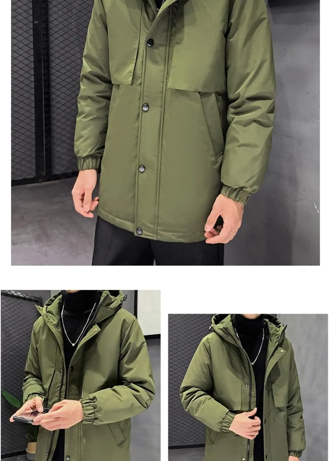 Men's Long Down Jacket with Hood Thickened Warm Cotton-Padded Winter Coat with Pockets Loose Version