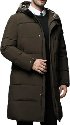 Men's Long Down Jacket with Hood Thickened Warm Cotton-Padded Winter Coat with Pockets Loose Version