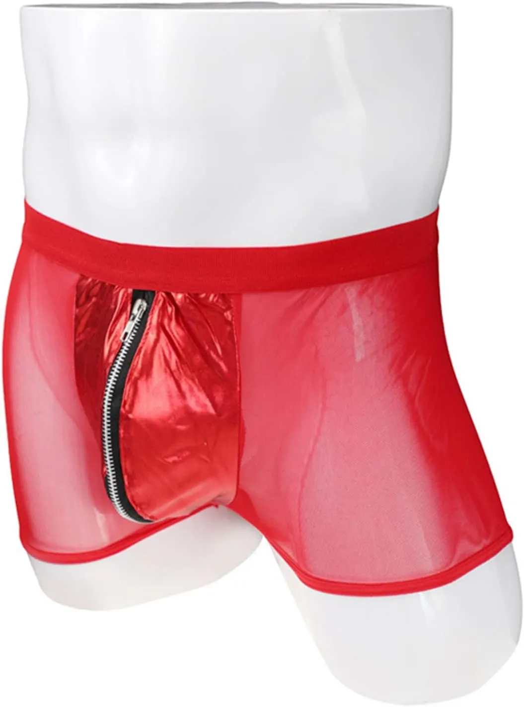 Men's Mesh Patent Leather Boxer Sexy Underwear Breathable Hollow Out Lingerie Zipper Lace Up Costume Sheer Briefs