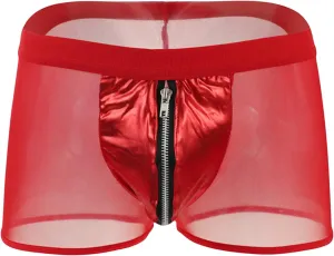 Men's Mesh Patent Leather Boxer Sexy Underwear Breathable Hollow Out Lingerie Zipper Lace Up Costume Sheer Briefs