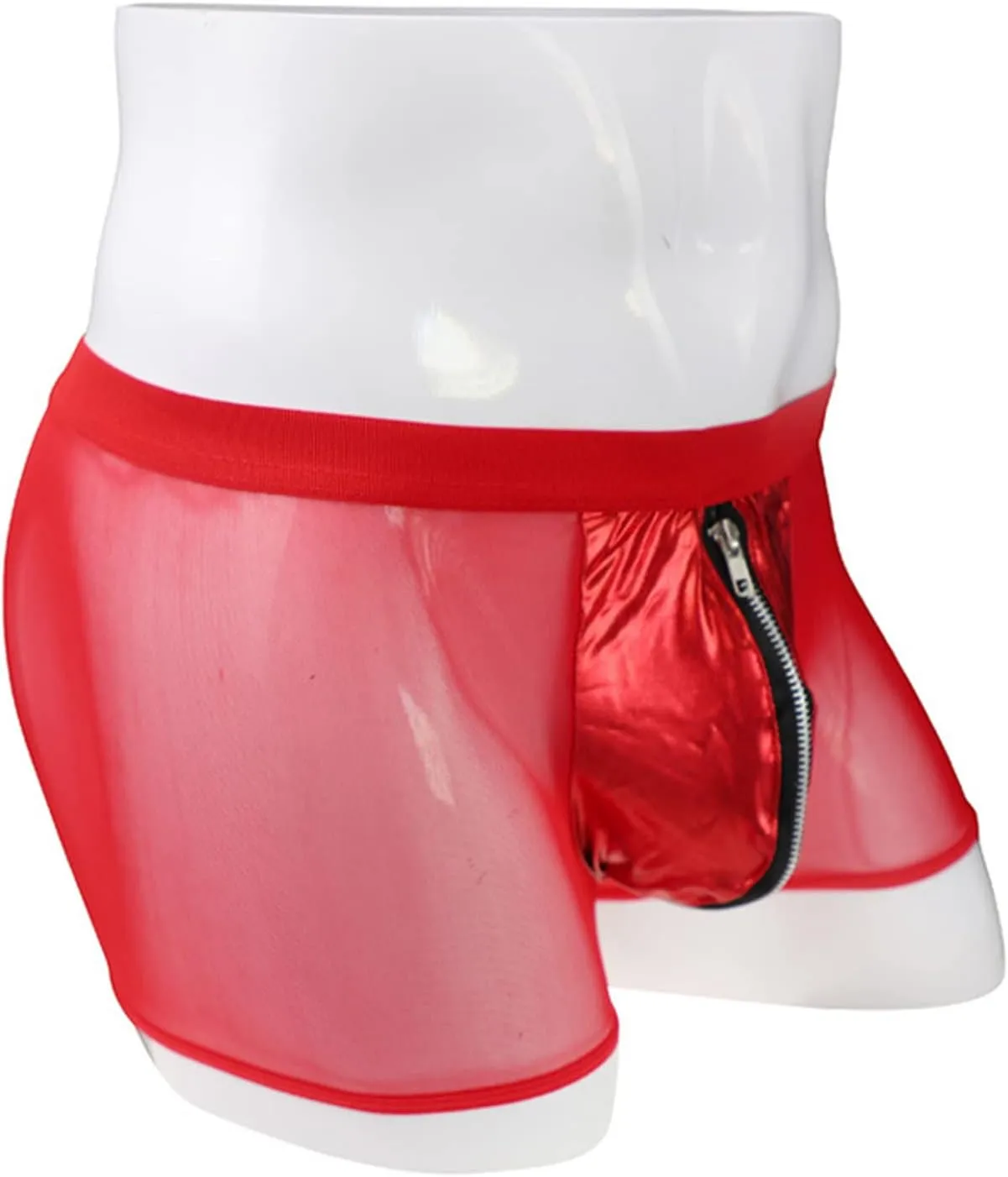 Men's Mesh Patent Leather Boxer Sexy Underwear Breathable Hollow Out Lingerie Zipper Lace Up Costume Sheer Briefs