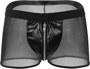 Men's Mesh Patent Leather Boxer Sexy Underwear Breathable Hollow Out Lingerie Zipper Lace Up Costume Sheer Briefs