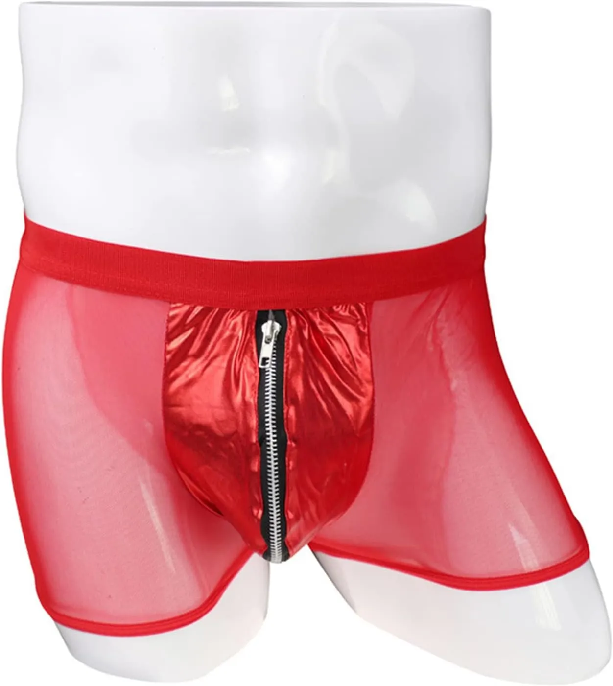 Men's Mesh Patent Leather Boxer Sexy Underwear Breathable Hollow Out Lingerie Zipper Lace Up Costume Sheer Briefs