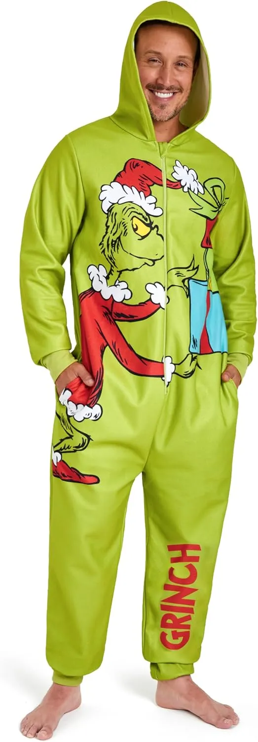 Mens One-Piece Pajamas with Hood, Fleece Loungewear - Gifts for Him (Green, L)