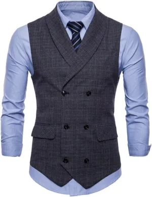 Mens Plaid Vest Double Breasted Lapel Slim Fit Formal Dress Vest Business Waistcoat (L, Dark Grey)