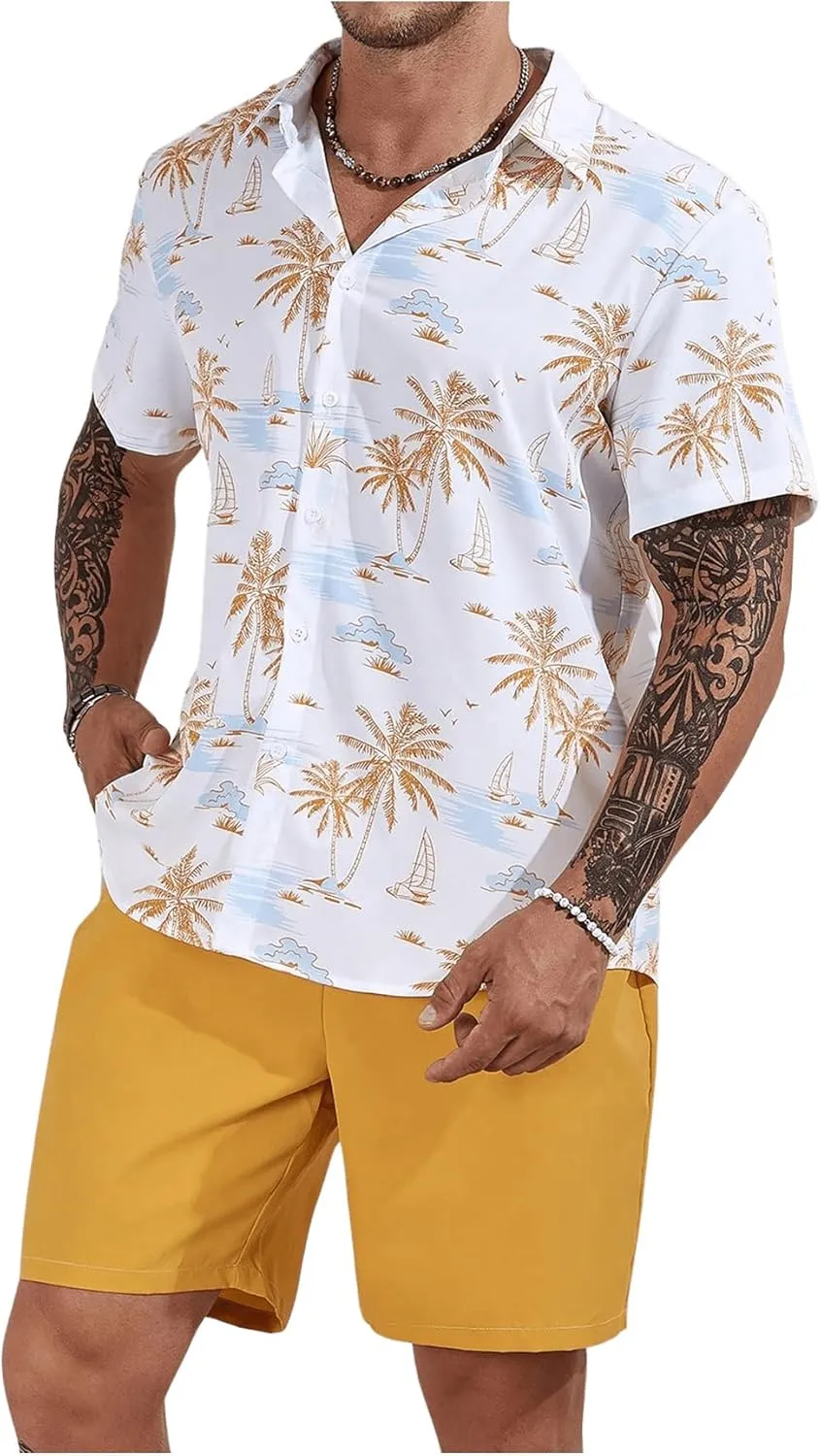 Men's Plus Size Hawaiian Matching Set Tropical Print Short Sleeve Button Down Shirt and Shorts Set Vacation Outfits