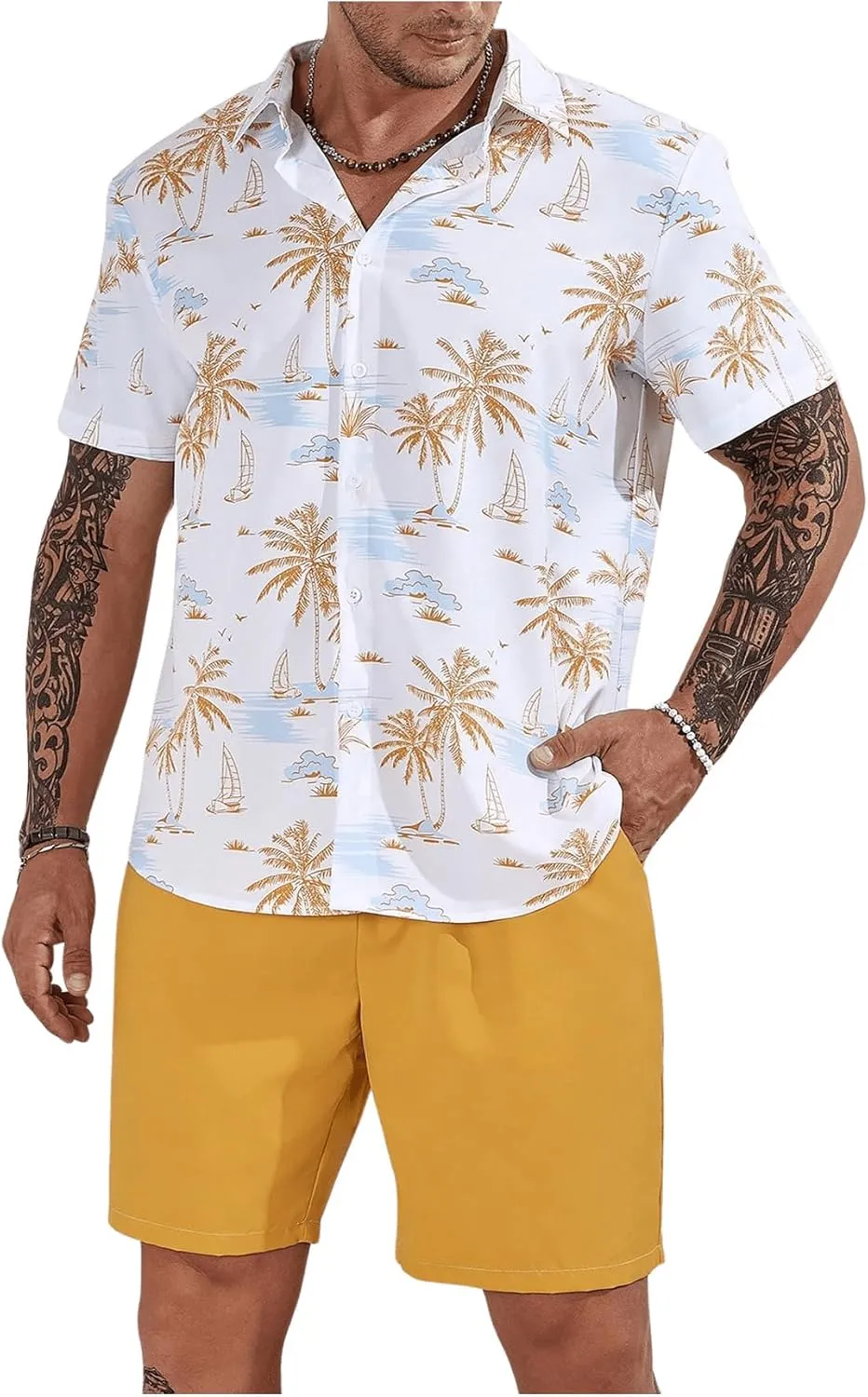 Men's Plus Size Hawaiian Matching Set Tropical Print Short Sleeve Button Down Shirt and Shorts Set Vacation Outfits