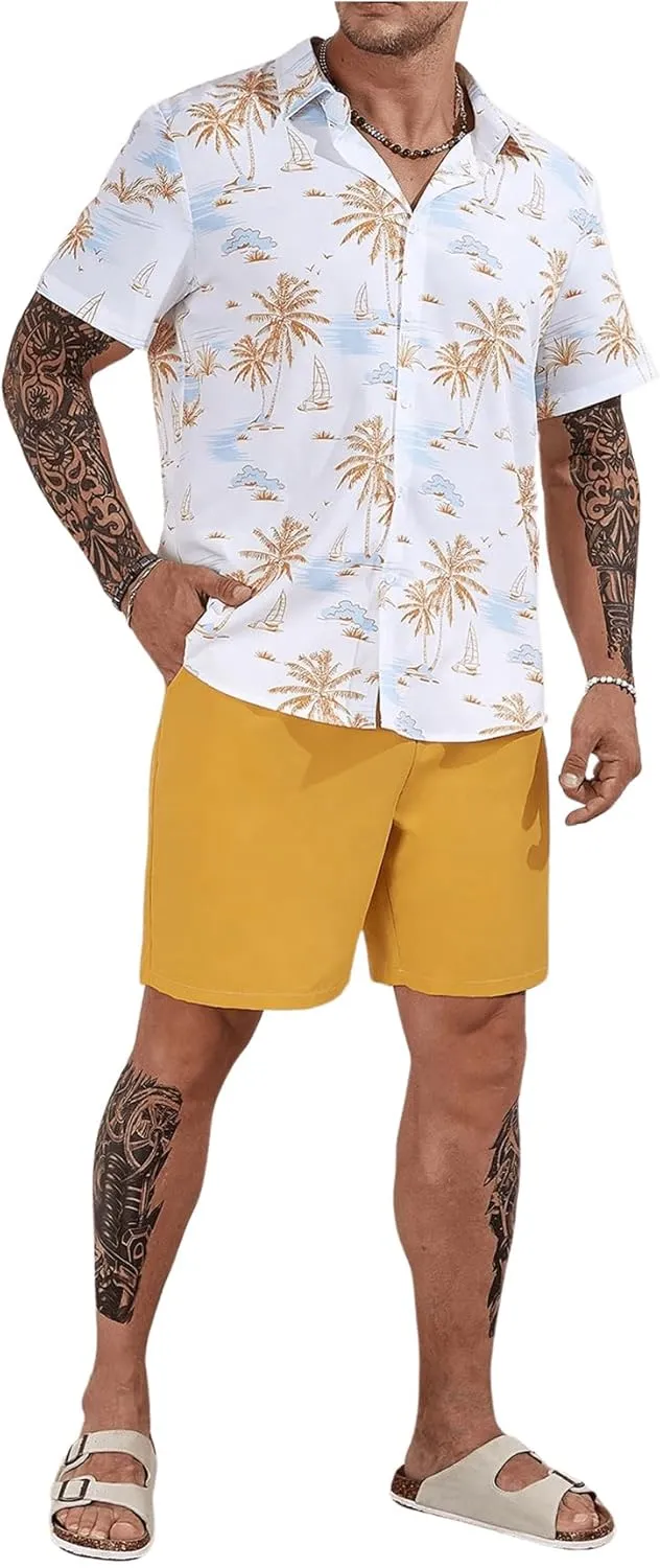 Men's Plus Size Hawaiian Matching Set Tropical Print Short Sleeve Button Down Shirt and Shorts Set Vacation Outfits