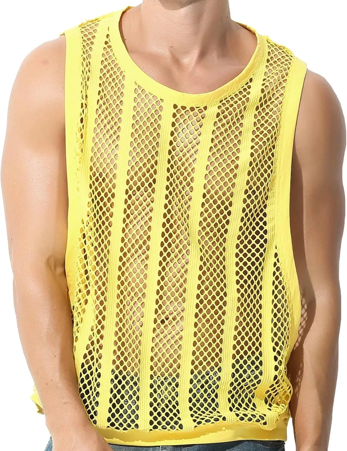 Mens See Through Tank Tops Sleeveless Stripe Mesh Fitted Muscle Shirts with Large Side Split Hollow Out Sheer Undershirts