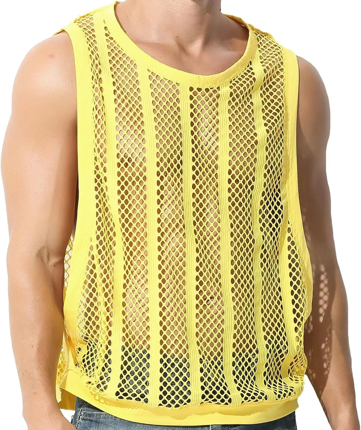Mens See Through Tank Tops Sleeveless Stripe Mesh Fitted Muscle Shirts with Large Side Split Hollow Out Sheer Undershirts