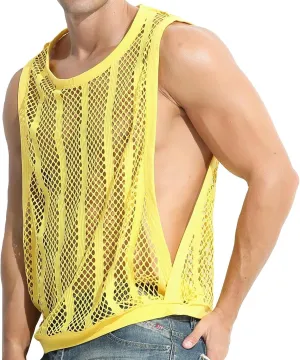 Mens See Through Tank Tops Sleeveless Stripe Mesh Fitted Muscle Shirts with Large Side Split Hollow Out Sheer Undershirts