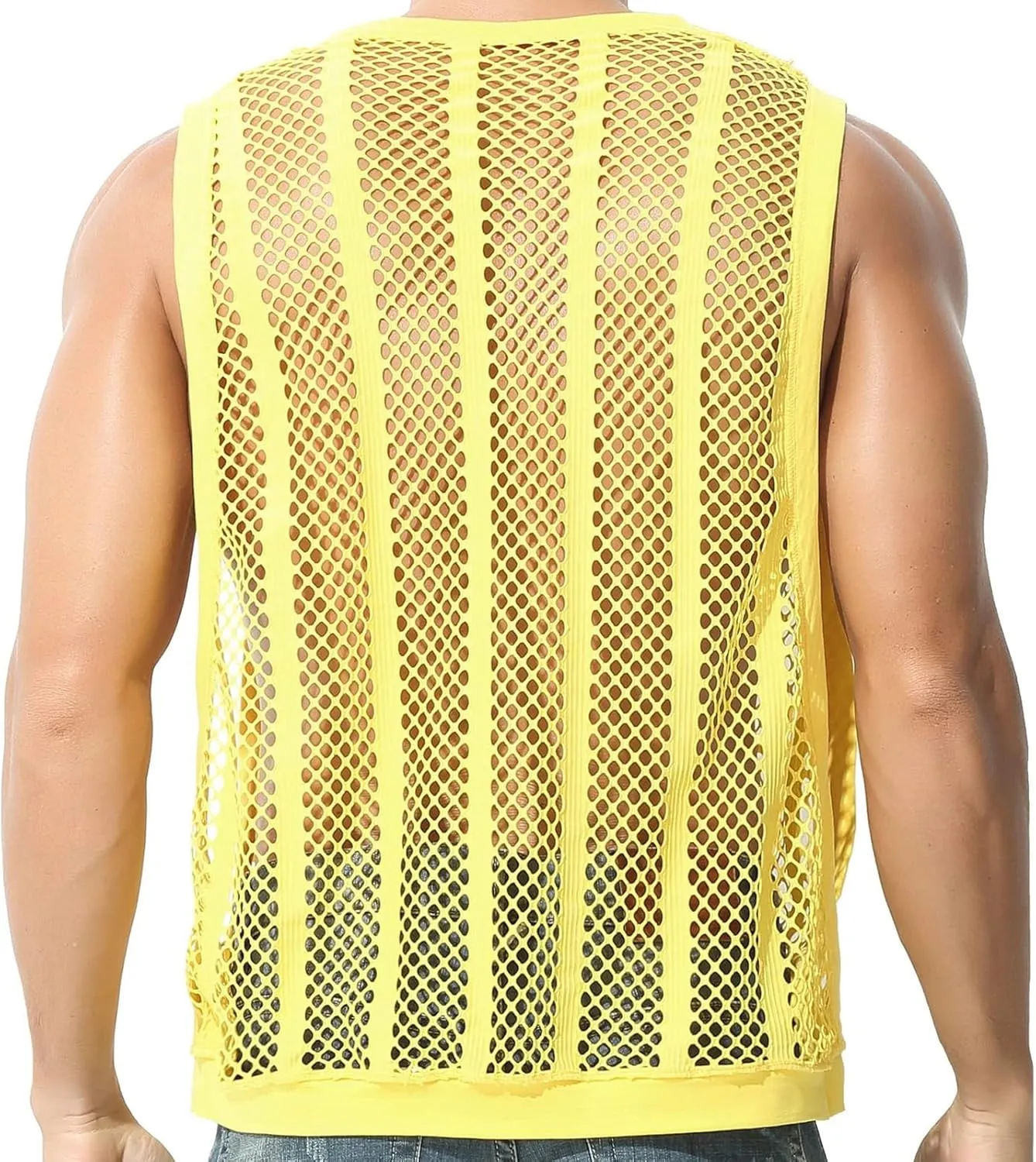 Mens See Through Tank Tops Sleeveless Stripe Mesh Fitted Muscle Shirts with Large Side Split Hollow Out Sheer Undershirts