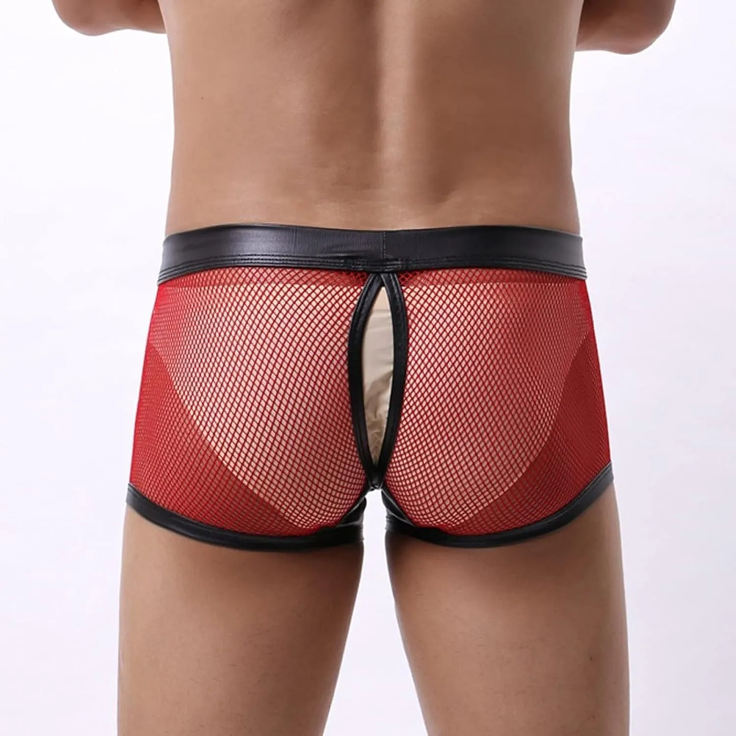 Men'S Sexy Mesh Bulge Ball Pouch Underwear Leather Boxer Briefs Underpants Trunks Hollow Breathable See Through Briefs