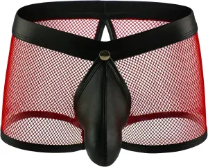 Men'S Sexy Mesh Bulge Ball Pouch Underwear Leather Boxer Briefs Underpants Trunks Hollow Breathable See Through Briefs