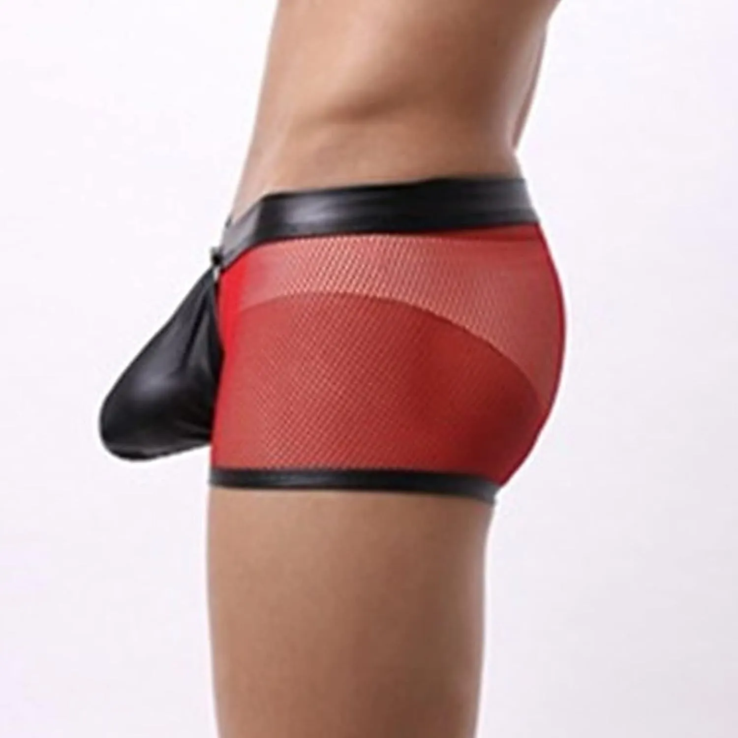 Men'S Sexy Mesh Bulge Ball Pouch Underwear Leather Boxer Briefs Underpants Trunks Hollow Breathable See Through Briefs