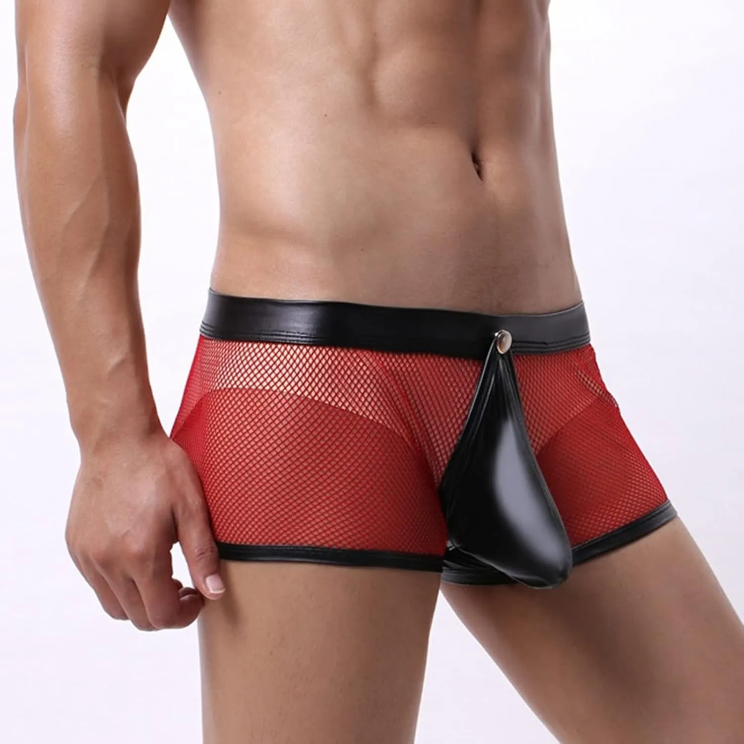 Men'S Sexy Mesh Bulge Ball Pouch Underwear Leather Boxer Briefs Underpants Trunks Hollow Breathable See Through Briefs