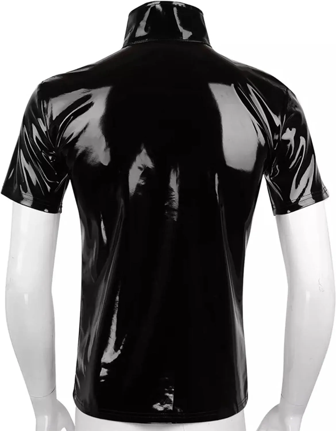 Men's Shiny Metallic Jacket Front Zipper PVC Leather Jacket Slim Fit T-Shirt for Nightout Club