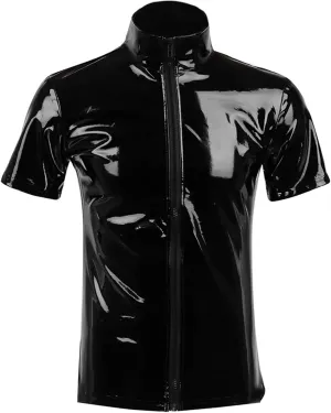 Men's Shiny Metallic Jacket Front Zipper PVC Leather Jacket Slim Fit T-Shirt for Nightout Club