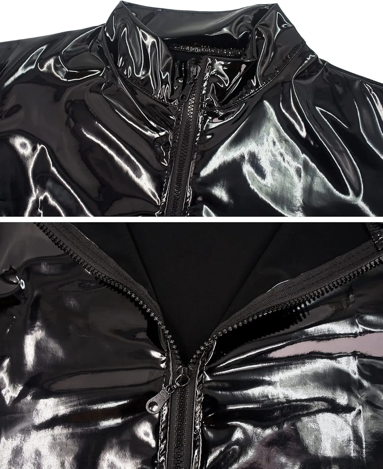 Men's Shiny Metallic Jacket Front Zipper PVC Leather Jacket Slim Fit T-Shirt for Nightout Club