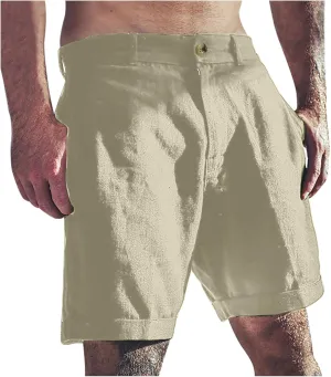 Mens Shorts Summer Trendy Cotton Linen Beach Pants Elastic Waist Button Trousers Breathable Running Pants with Pokets