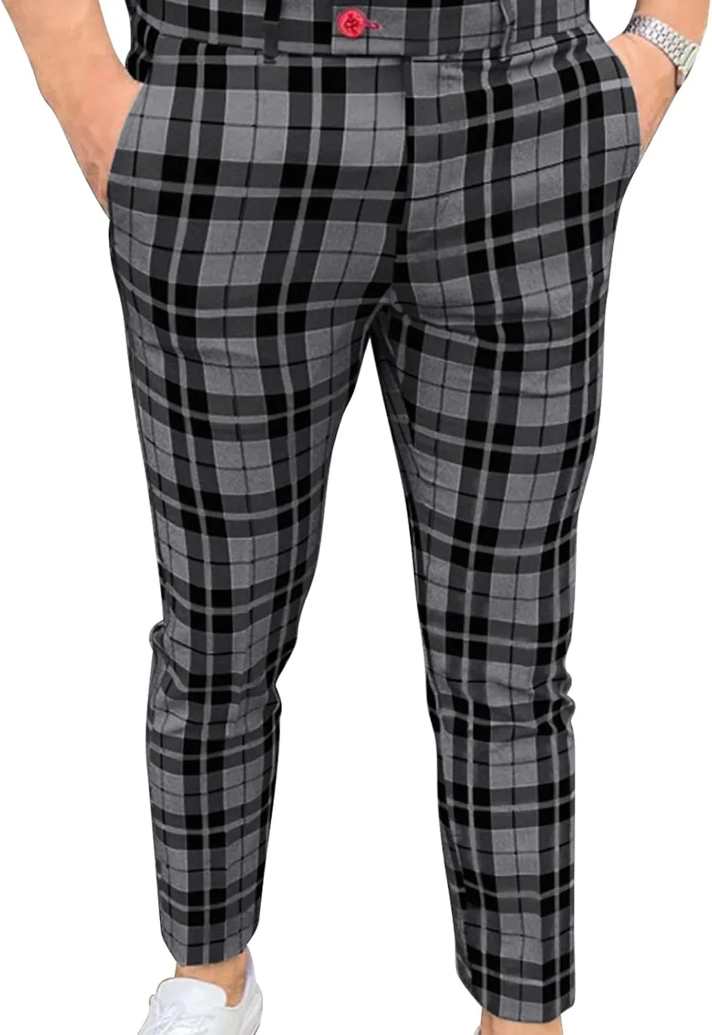 Men's Slim Fit Flat Front Dress Pants Plaid Casual Chinos Suit Pants Stretch Straight Fit Business Trousers