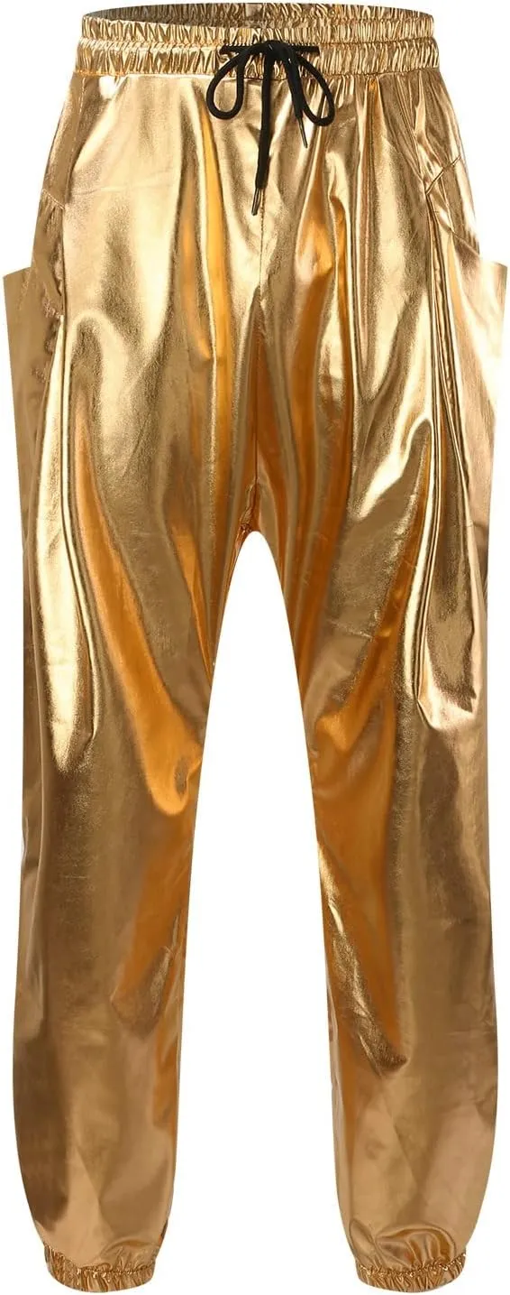Men's Spring Summer Fashion Causal Pants Overalls Solid Color Bright Leather Trousers Slim Fit Drawstring Joggers