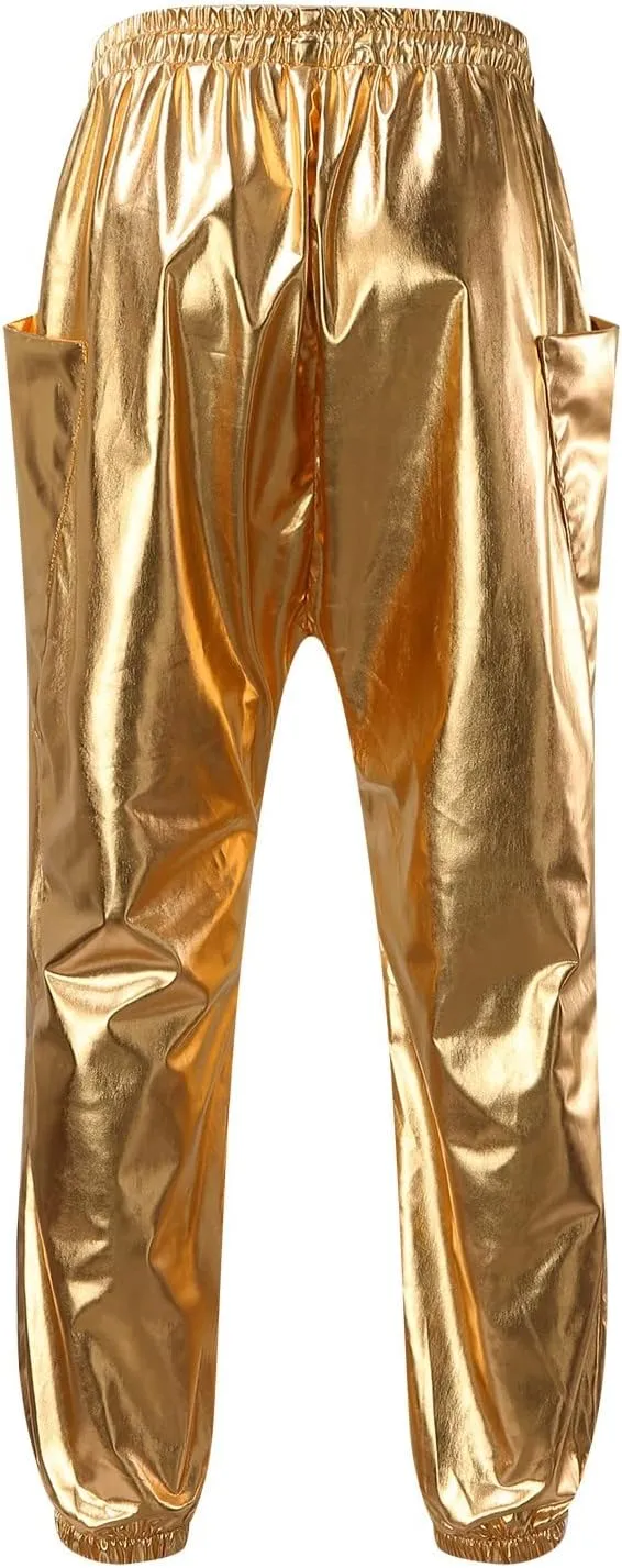Men's Spring Summer Fashion Causal Pants Overalls Solid Color Bright Leather Trousers Slim Fit Drawstring Joggers