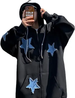 Men's Star Patch Zip Up hoodie for Men Women Graphic Hoodies Y2K Oversized Sweatshirt Jacket Streetwear