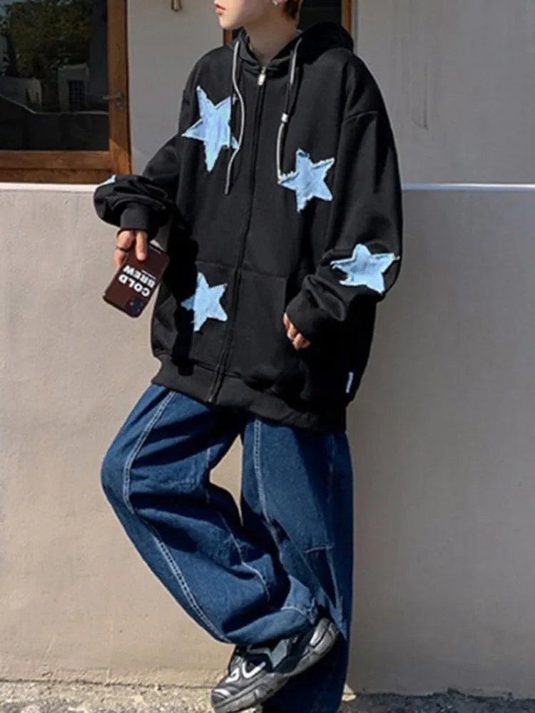 Men's Star Patch Zip Up hoodie for Men Women Graphic Hoodies Y2K Oversized Sweatshirt Jacket Streetwear