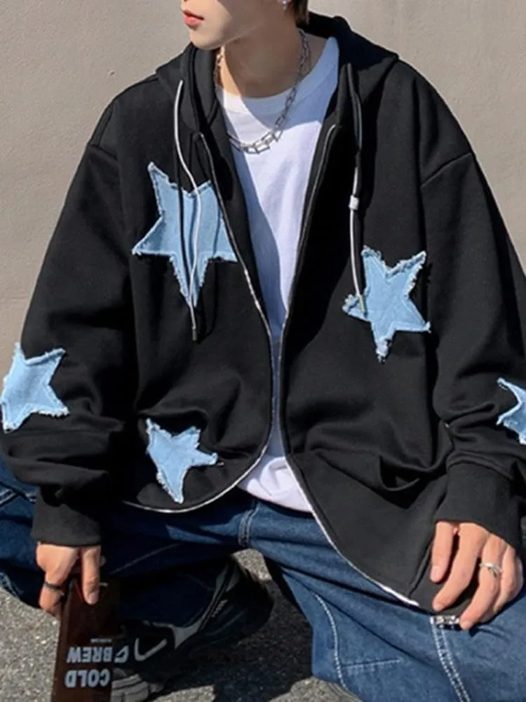 Men's Star Patch Zip Up hoodie for Men Women Graphic Hoodies Y2K Oversized Sweatshirt Jacket Streetwear