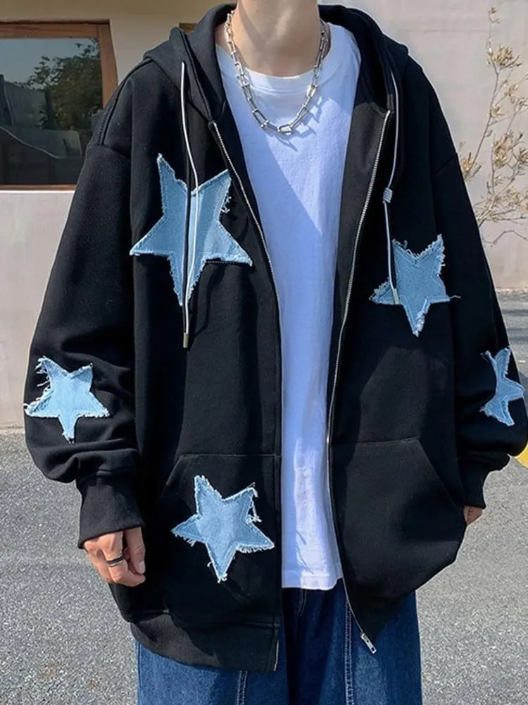 Men's Star Patch Zip Up hoodie for Men Women Graphic Hoodies Y2K Oversized Sweatshirt Jacket Streetwear