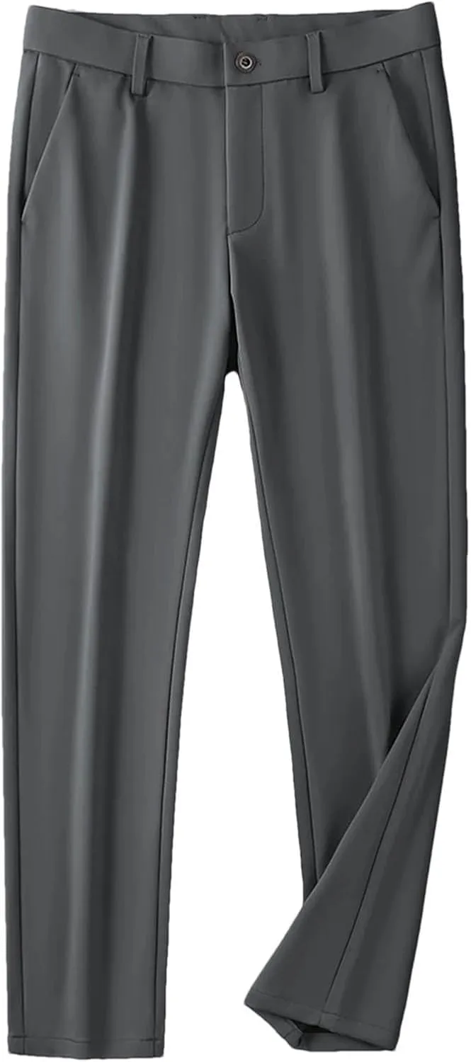 Men's Stretched Nylon Slim Fit Chinos Pants Business Casual Work Straight Long Suit Trousers