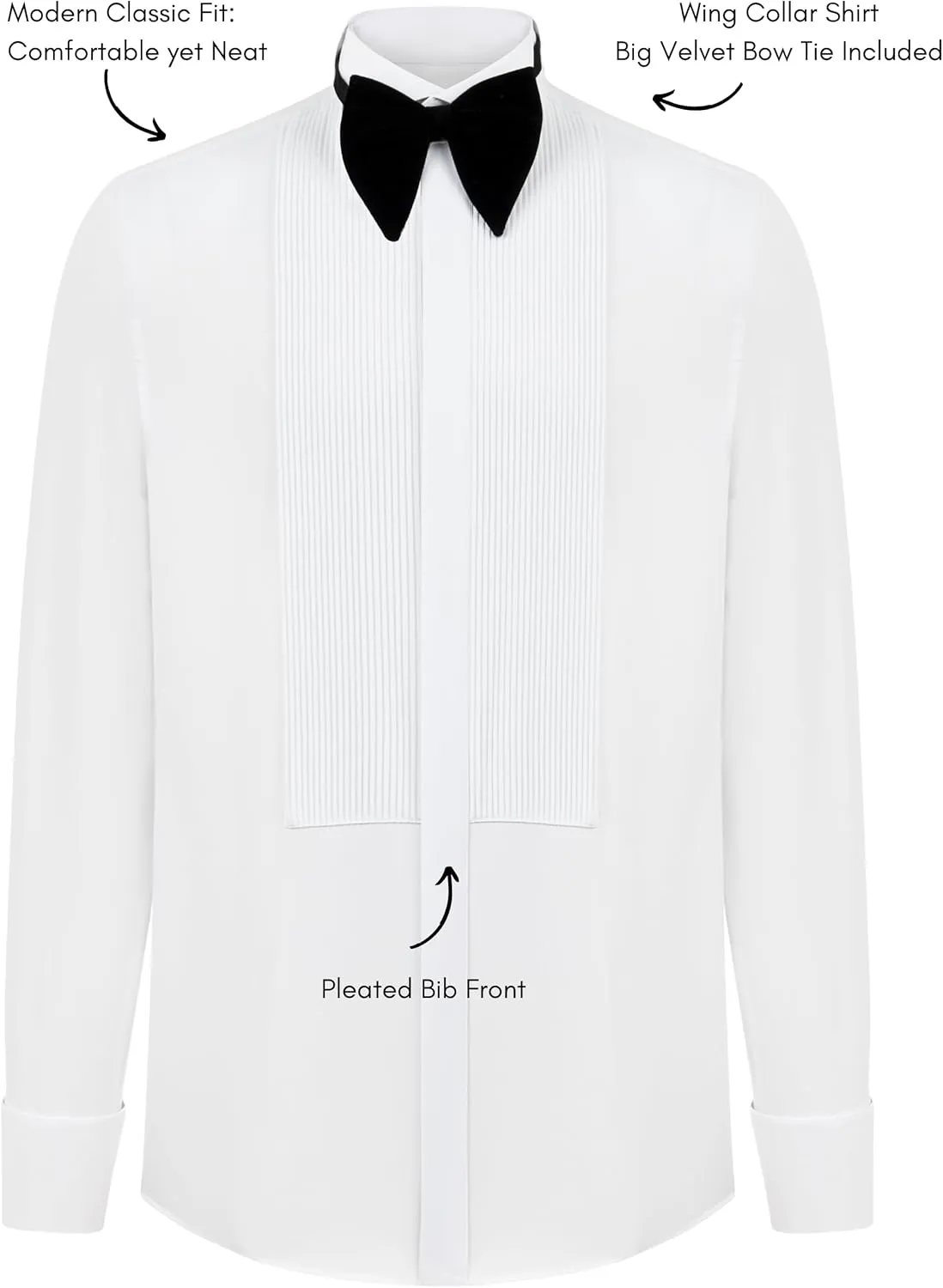 Men's White Wing Collar Tuxedo Shirt with French Cuffs | Set Incl. Cufflinks & Black Bow Tie | Luxe Dress Shirts for Men