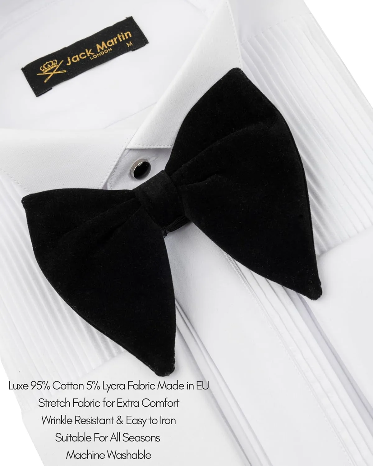 Men's White Wing Collar Tuxedo Shirt with French Cuffs | Set Incl. Cufflinks & Black Bow Tie | Luxe Dress Shirts for Men